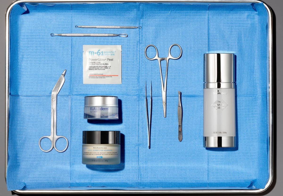skincare products on a surgical tray with tweezers and beauty scissors