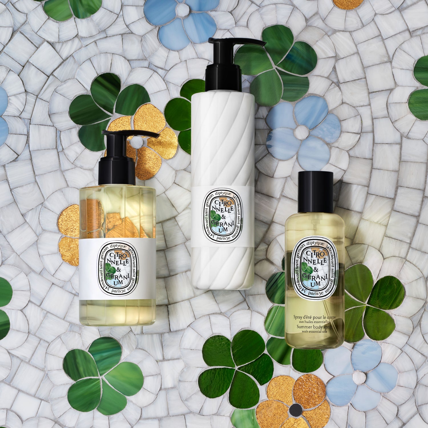Lifestyle image of Diptyque Lemongrass & Geranium Perfumed Cleansing Body Gel (Limited Edition)