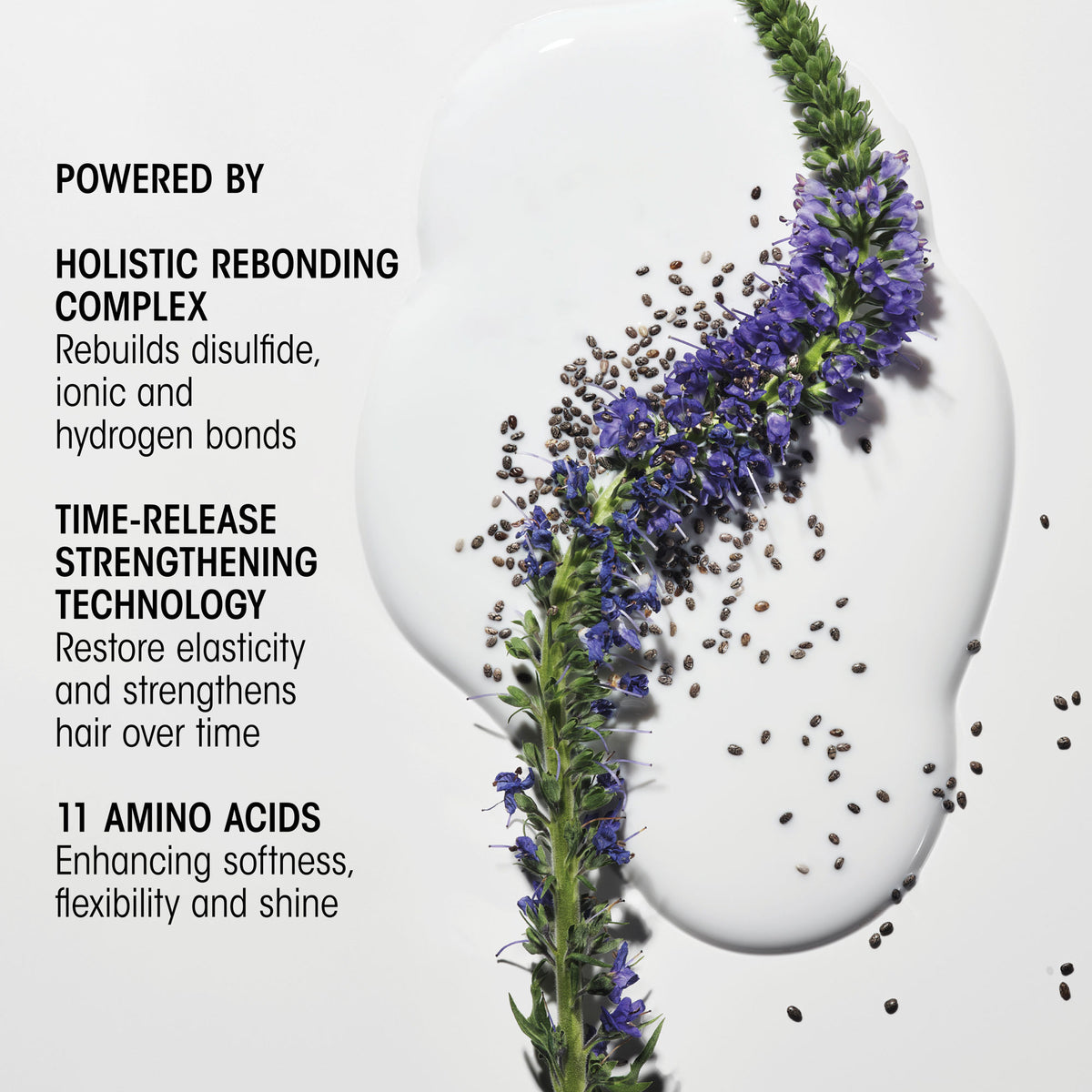 A pool of Oribe Hair Alchemy Bond Repair Leave-In Treatment cream decorated with a purple flower stalk and scattered seeds, alongside text detailing a holistic rebonding complex and amino acids for damaged hair.