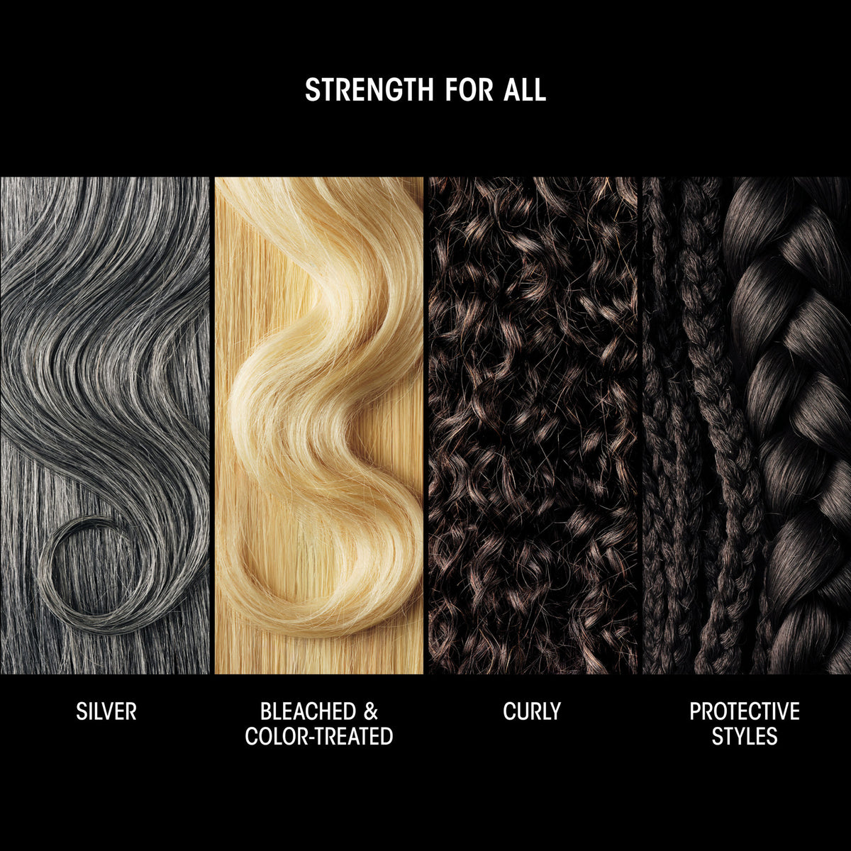 Four panels showing Oribe Hair Alchemy Bond Repair Leave-In Treatment for different hair types: Strength for all, Silver, Bleached & color-treated, Curly, and Protective styles.