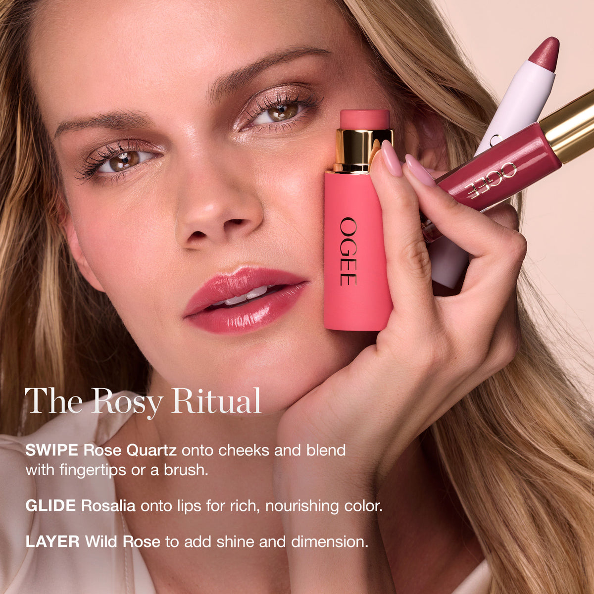 The Rosy Ritual Guide: Swipe Rose Quartz onto cheeks and blend with fingertips or a brush. Glide Rosalia onto lips for rich, nourishing color. Layer Wild Rose to add shine and dimension.
