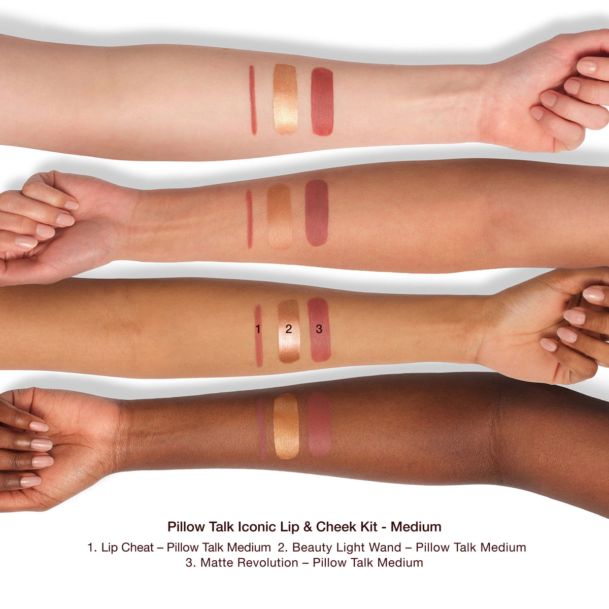 An arm swatch of Charlotte Tilbury Pillow Talk Icons On The Go (Limited Edition)