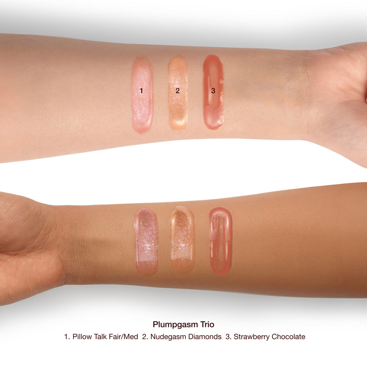 An arm swatch of Charlotte Tilbury Big Lip Plumpgasm Mini Trio (Limited Edition)