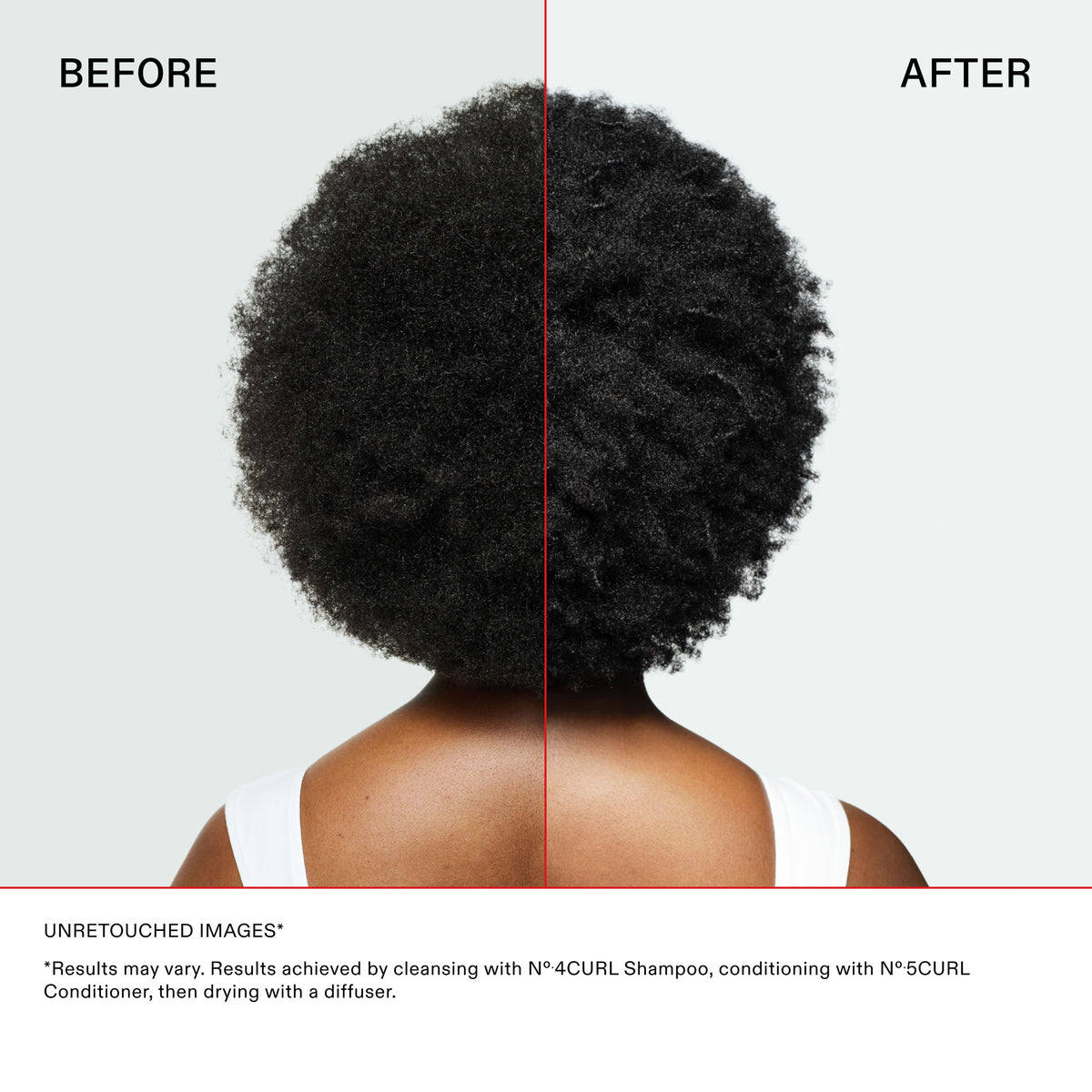Before and after results of using Olaplex N°4Curl Bond Shaper Hydrating Curl Shampoo