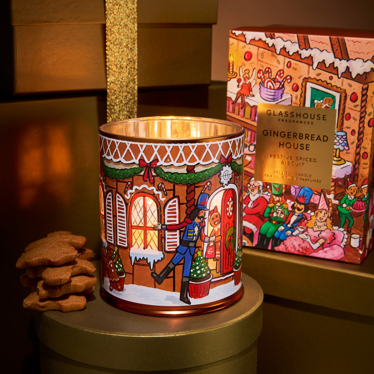 Lifestyle image of Glasshouse Fragrances Gingerbread House Triple Scented Candle (Limited Edition)