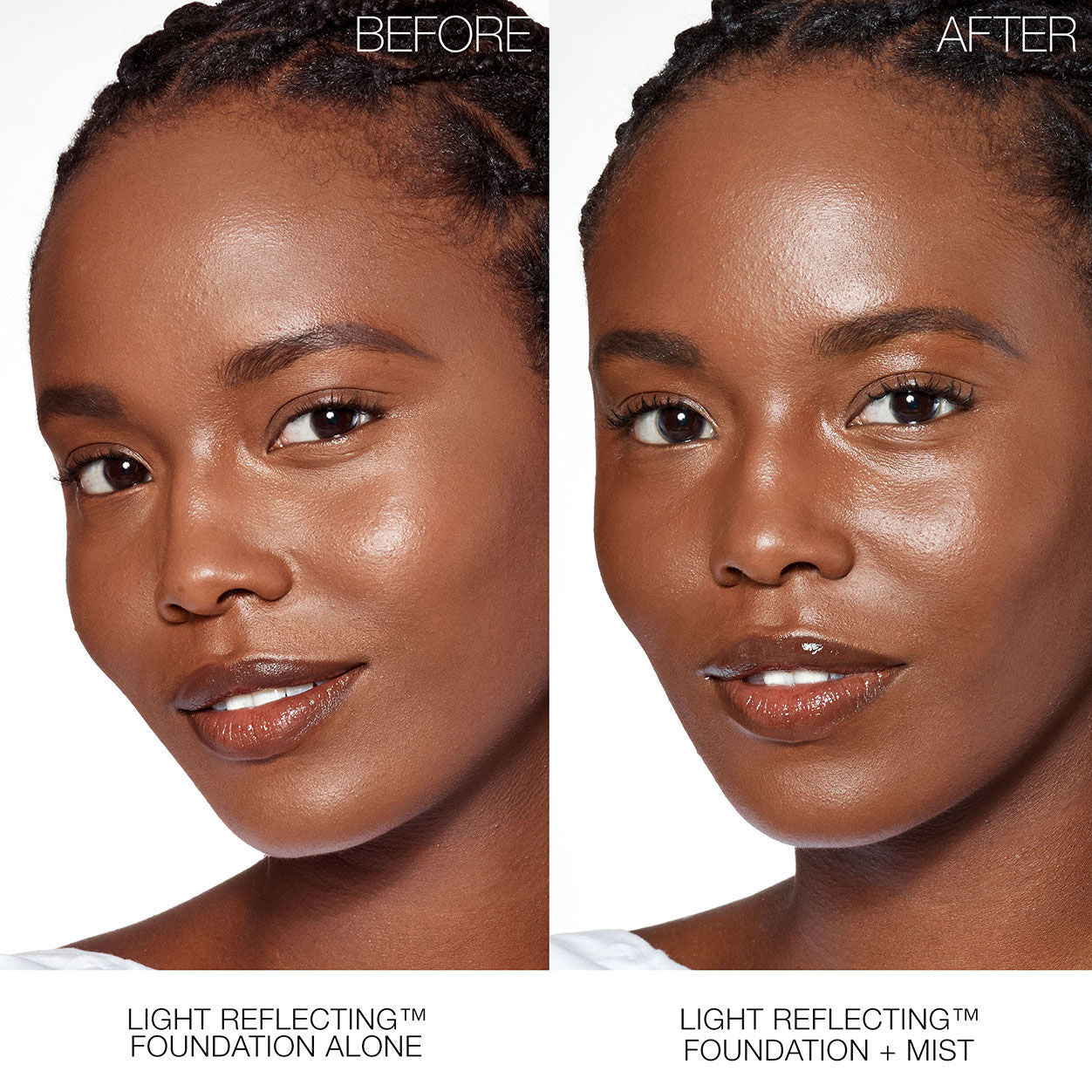Before and after results of using Nars Light Reflecting Makeup Setting Mist