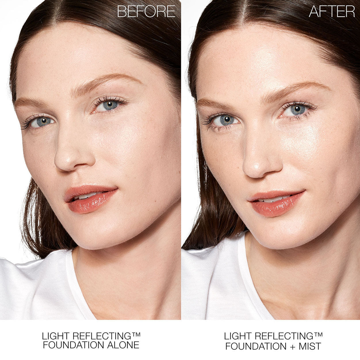 Before and after results of using Nars Light Reflecting Makeup Setting Mist