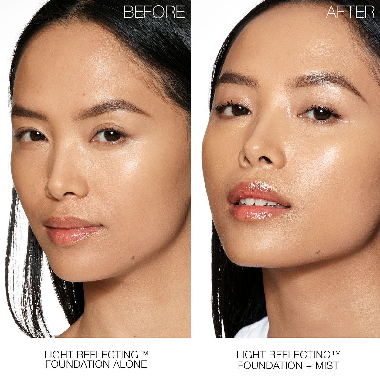 Before and after results of using Nars Light Reflecting Makeup Setting Mist
