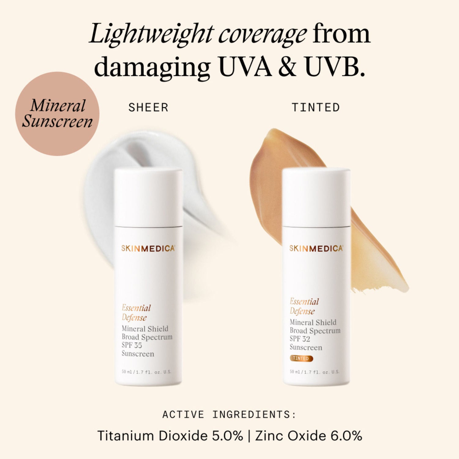 A shade comparison of SkinMedica Essential Defense Mineral Shield Broad Spectrum SPF 32 Sunscreen Tinted