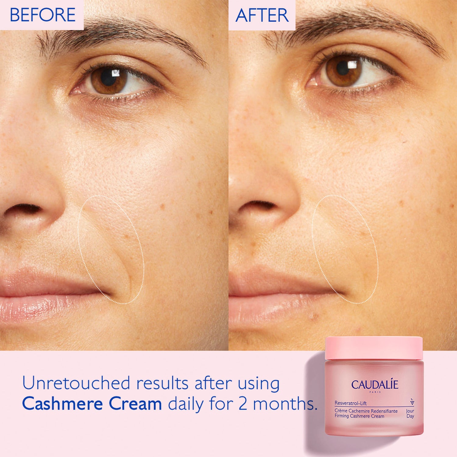 Before and after results of using Caudalie Resveratrol-Lift Firming Cashmere Cream