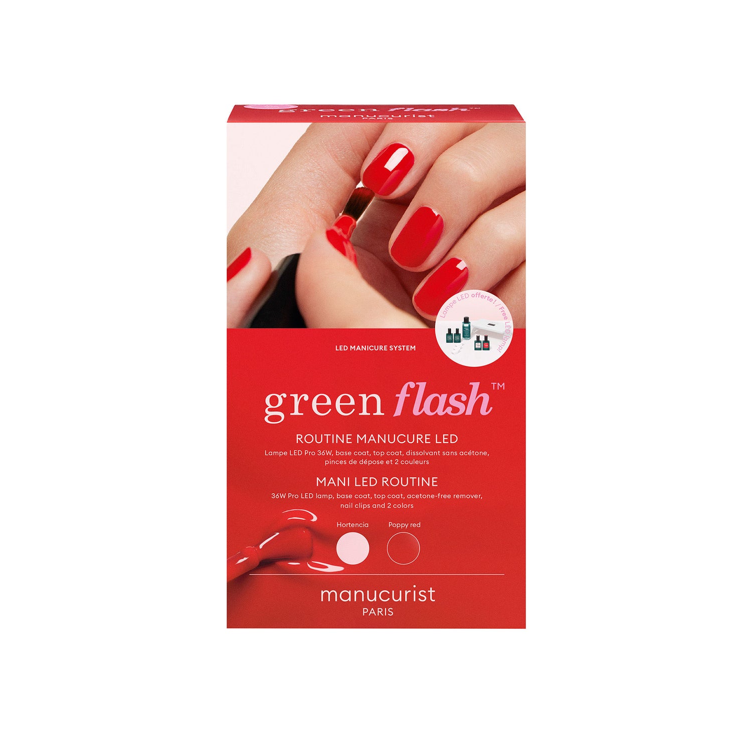 Image of the Manucurist 36W Green Flash Pro Routine Set - Poppy Red and Hortencia box