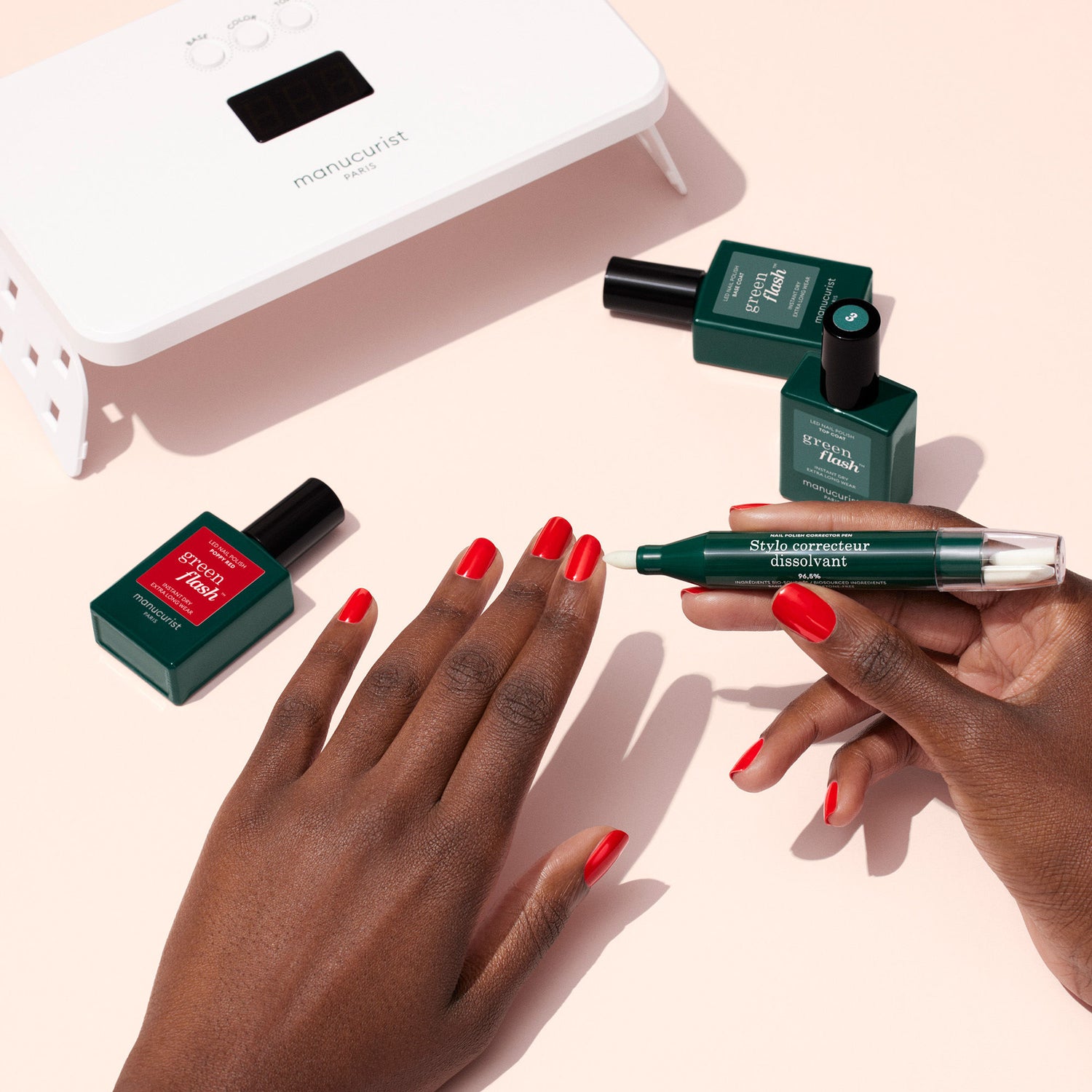 Lifestyle image of Manucurist 36W Green Flash Pro Routine Set - Poppy Red and Hortencia