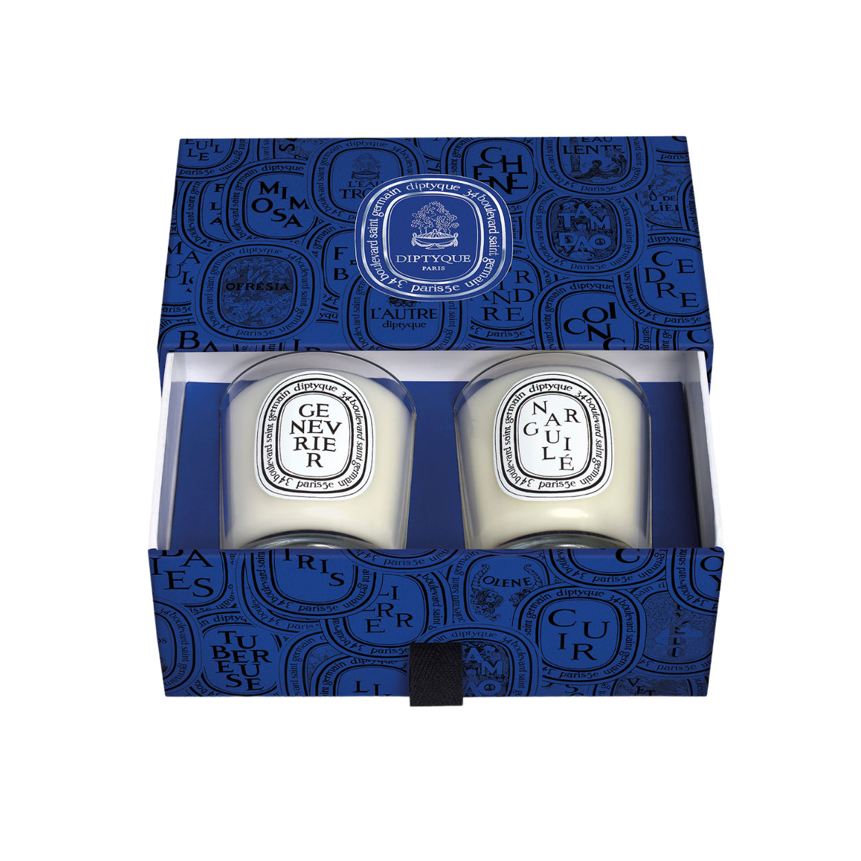 Image of an open Diptyque Narguilé & Genévrier (Juniper) Set of 2 Small Candles (Limited Edition)