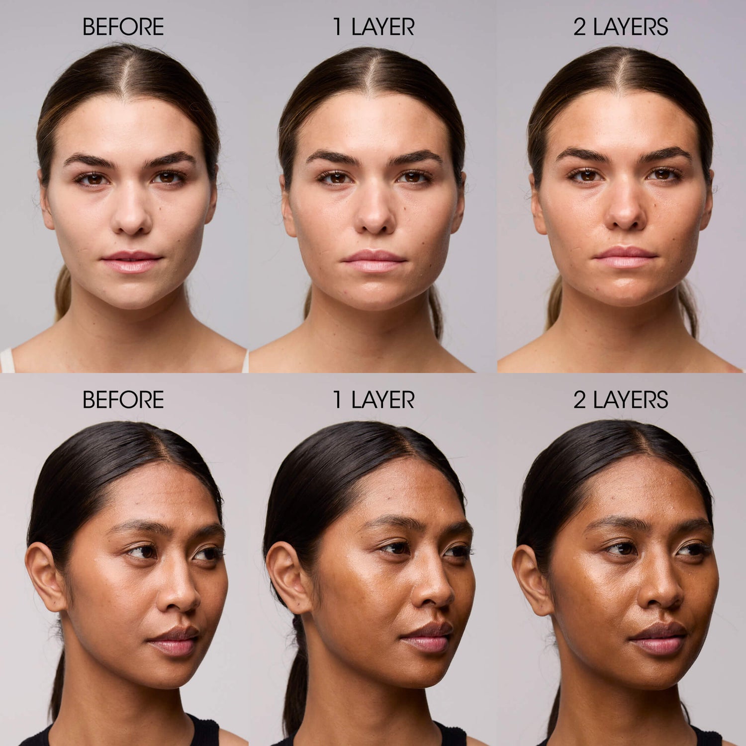 Before and after results of using Vacation Studio Tone Bronzing Drops for Face SPF 50