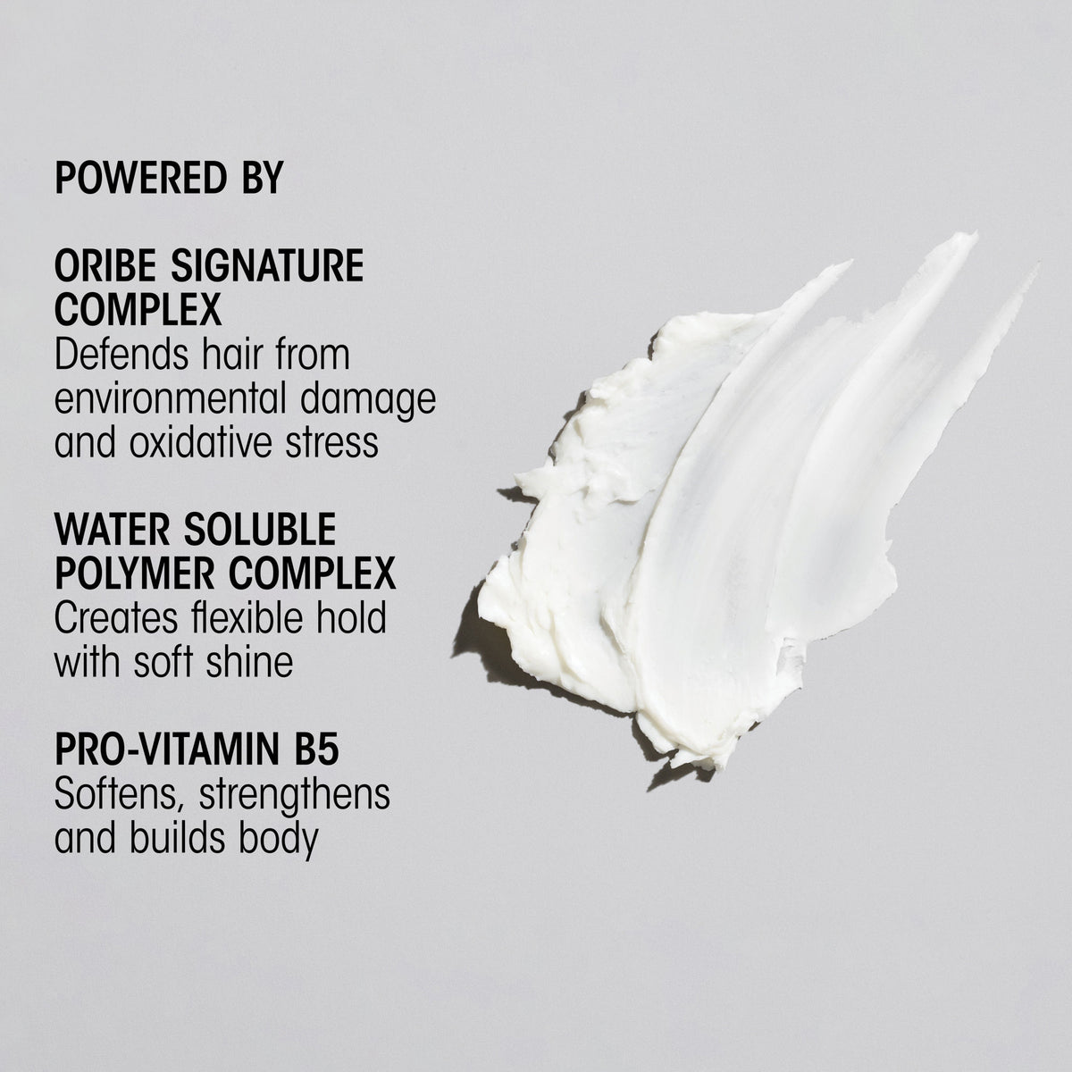 A white smear of Oribe Rough Luxury Soft Molding Paste sits next to ingredients for environmental defense, a flexible hold polymer complex for shine, and Pro-Vitamin B5 for softening and strengthening.