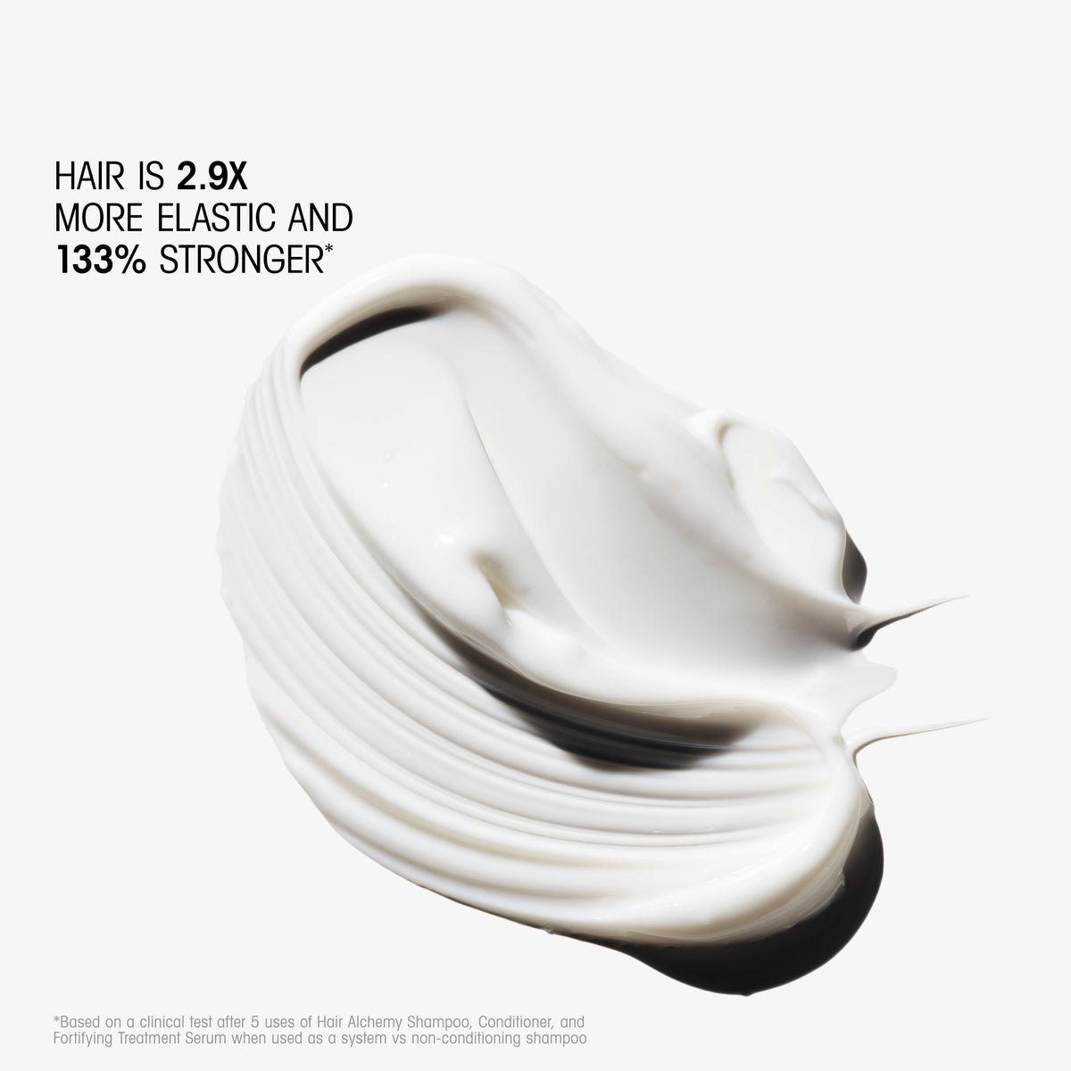 A smear of white Hair Alchemy Strengthening Mini Travel Set treatment cream for fragile hair, with text reading that hair is 2.9x more elastic and 133% stronger.