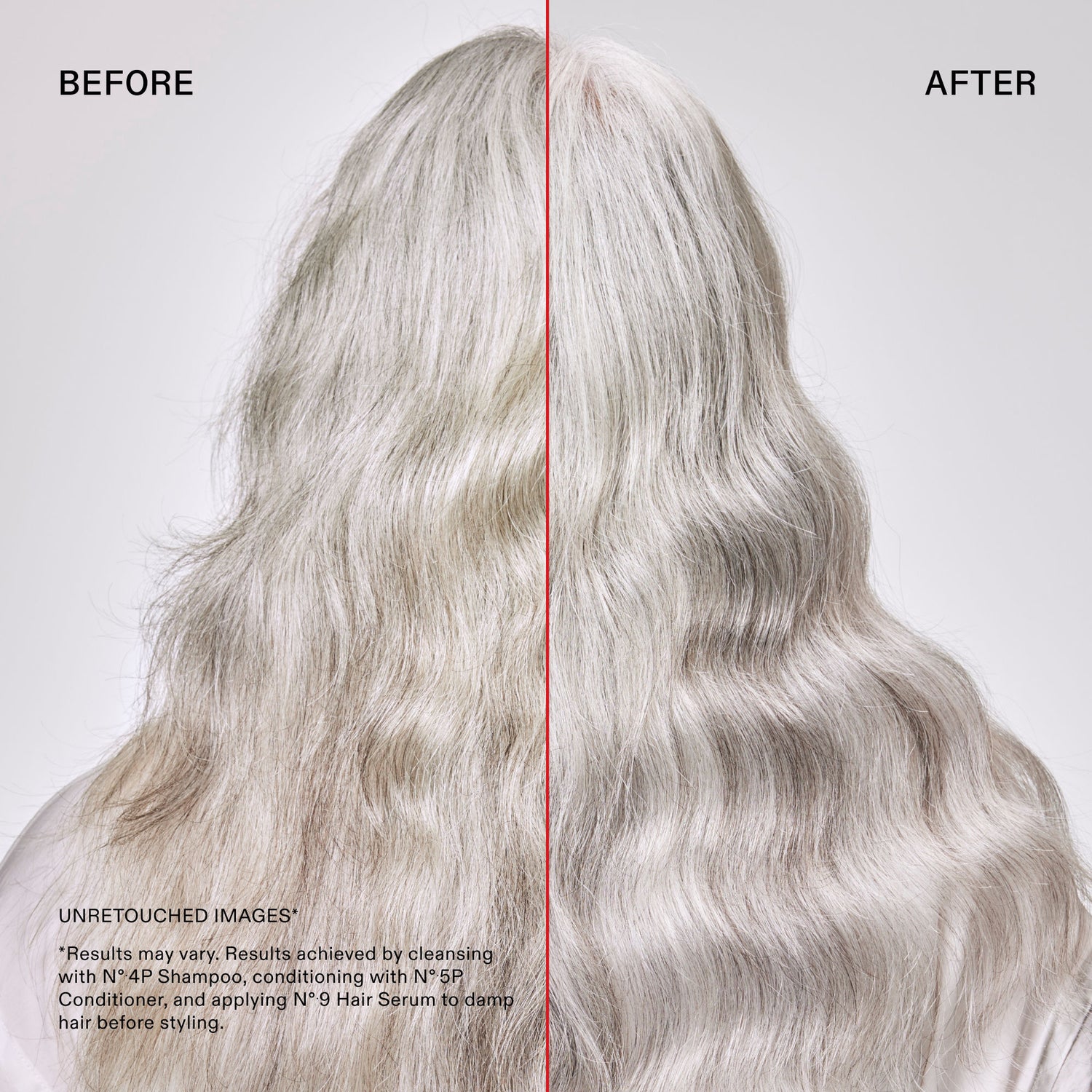 Before and after results of using Olaplex No.4P Blonde Enhancer Purple Toning Shampoo