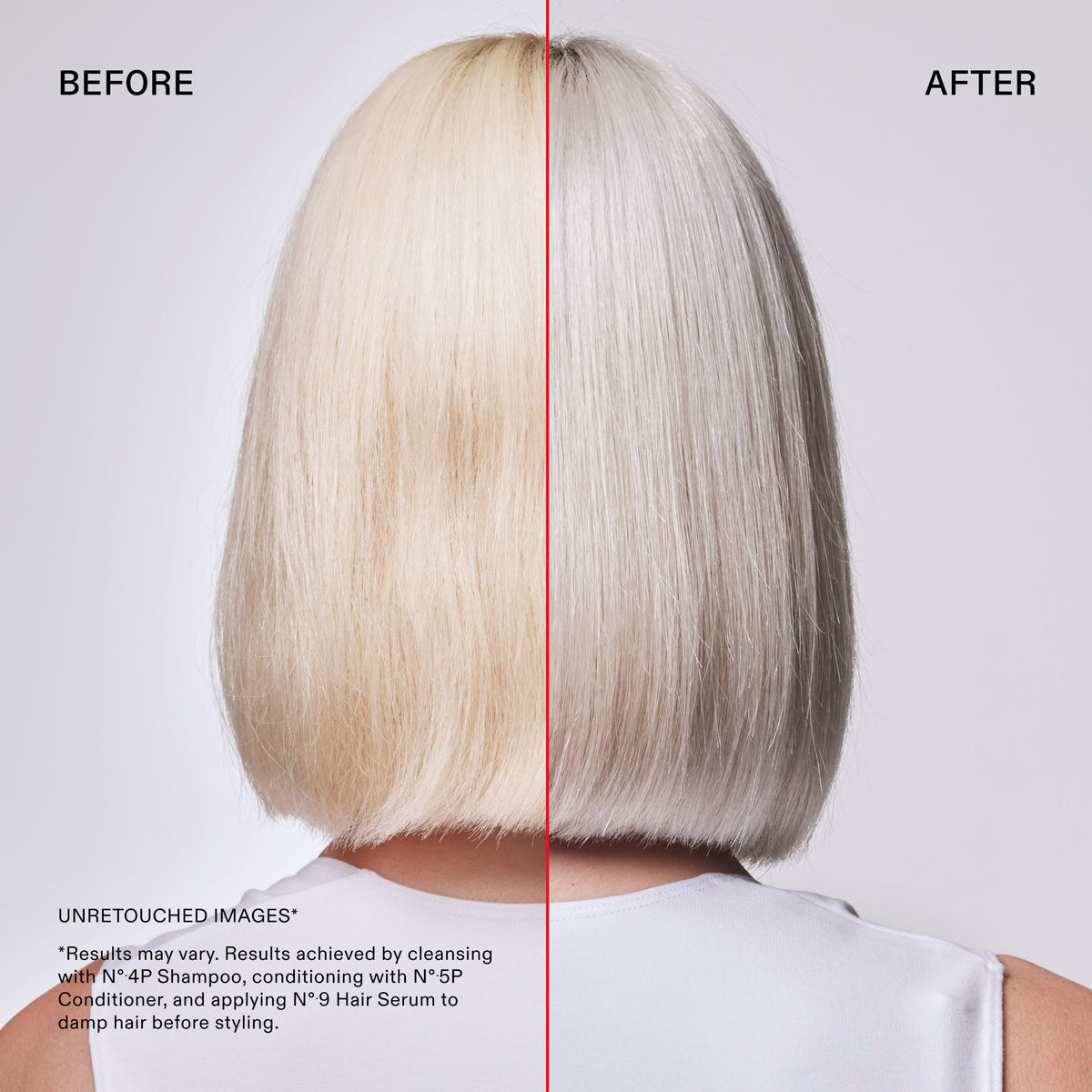 Before and after results of using Olaplex No.5P Blonde Enhancer Purple Toning Conditioner