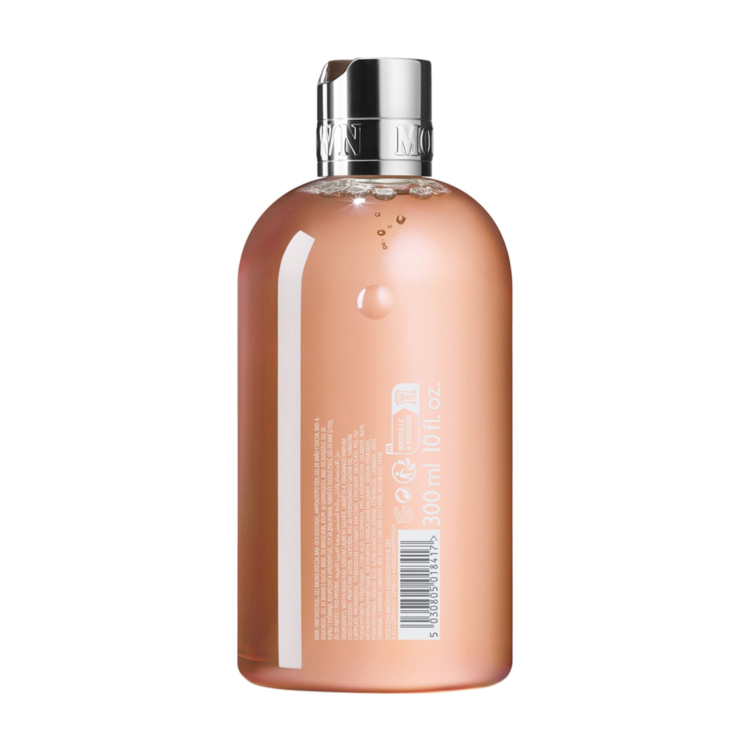 Molton Brown Graceful Apricot & Freesia Bath & Shower Gel back packaging image.