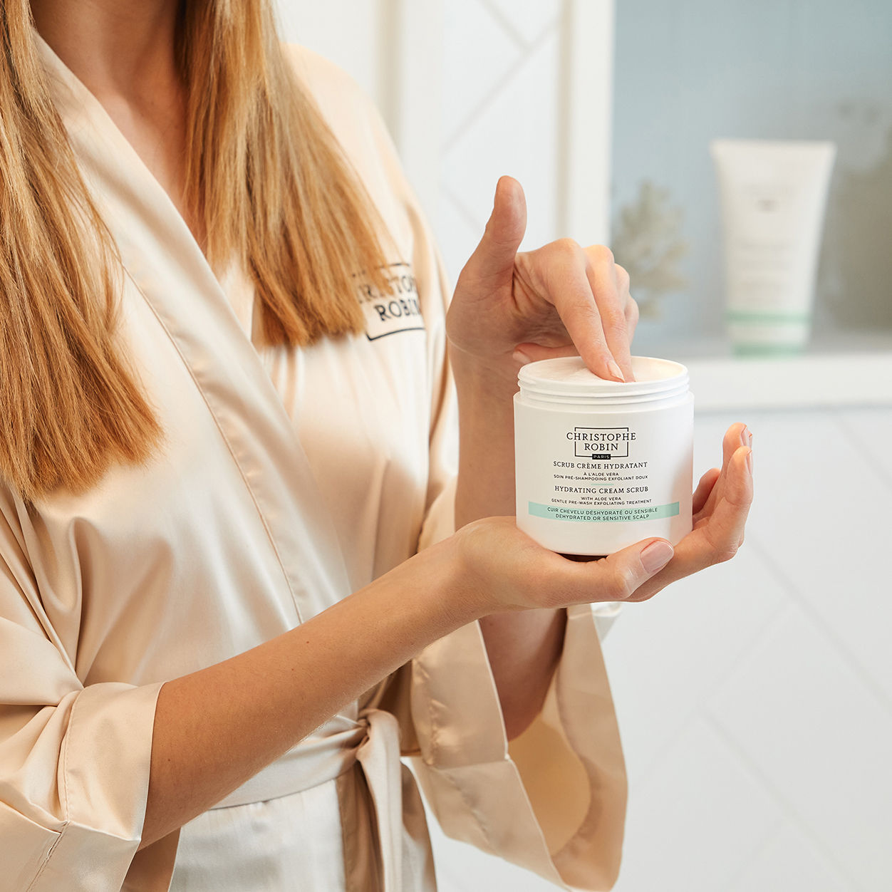 Model image of Christophe Robin Hydrating Cream Scrub wtih Aloe Vera