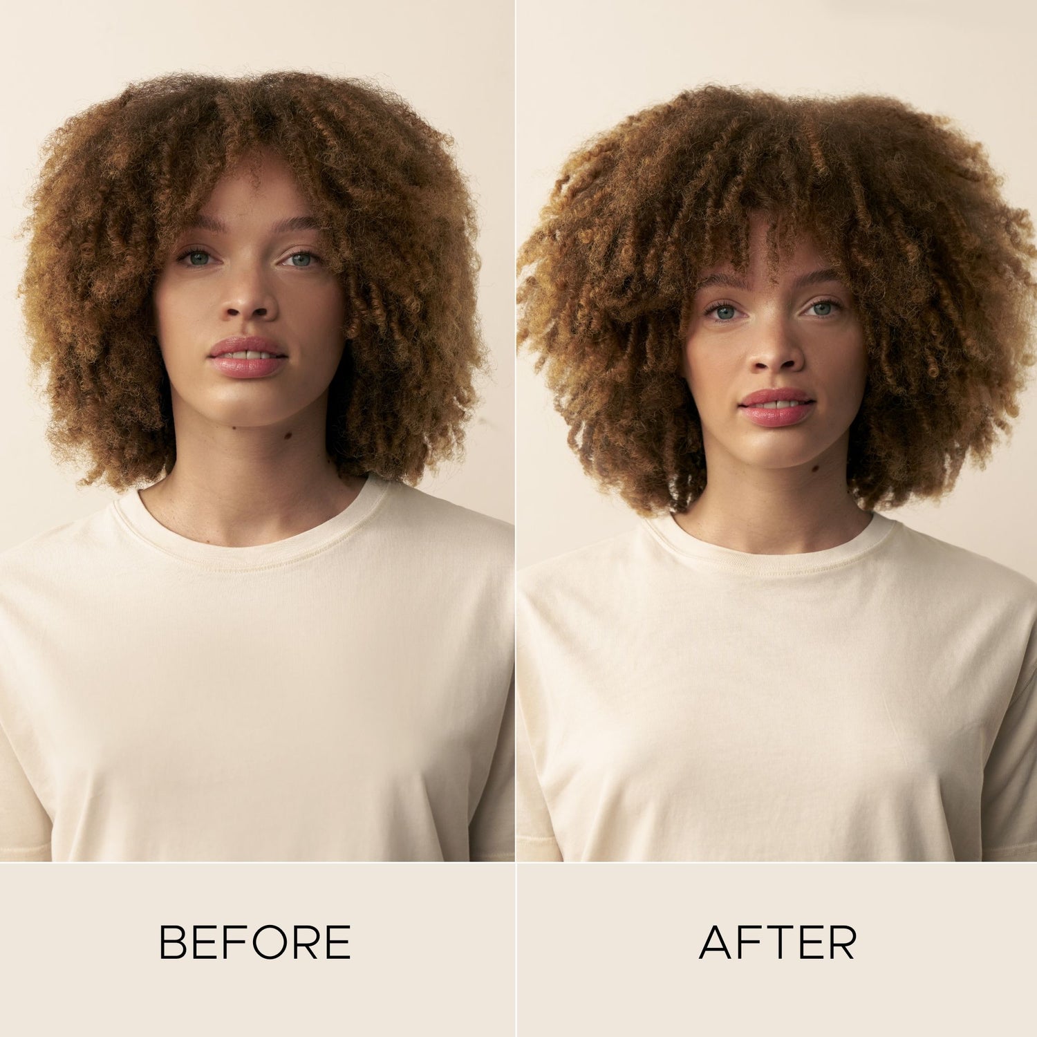 Before and after results of using Christophe Robin Luscious Curl Cleansing Balm with Kokum Butter