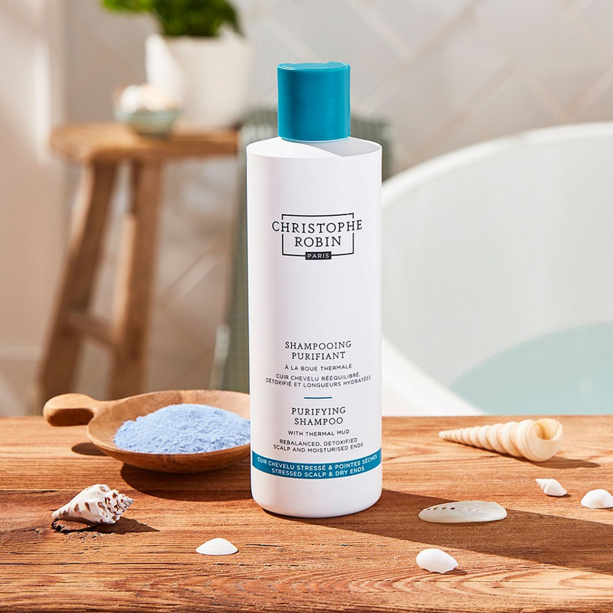 Lifestyle image of Christophe Robin Purifying Shampoo with Thermal Mud