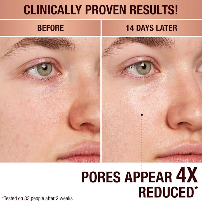 Before and after results of using Charlotte Tilbury Charlotte's Magic Hydration Revival Cleanser