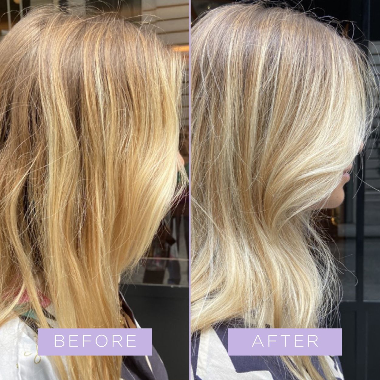 Before and after results of using Christophe Robin Shade Variation Shampoo With Florentina Iris Baby Blonde