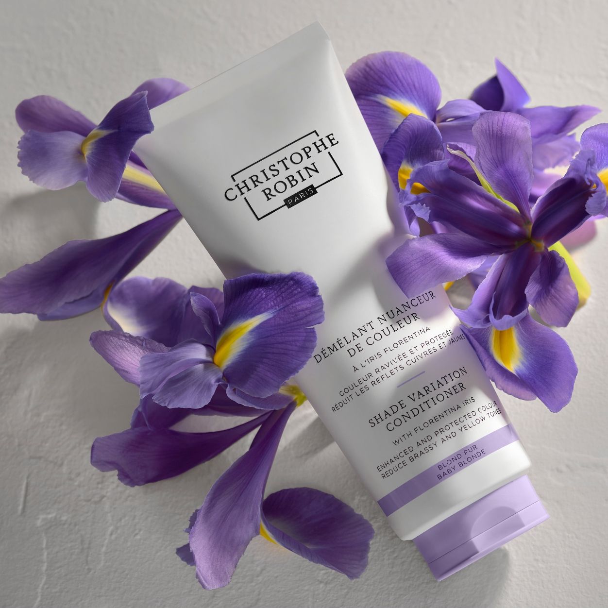 Lifestyle image of Christophe Robin Shade Variation Conditioner With Florentina Iris Baby Blonde
