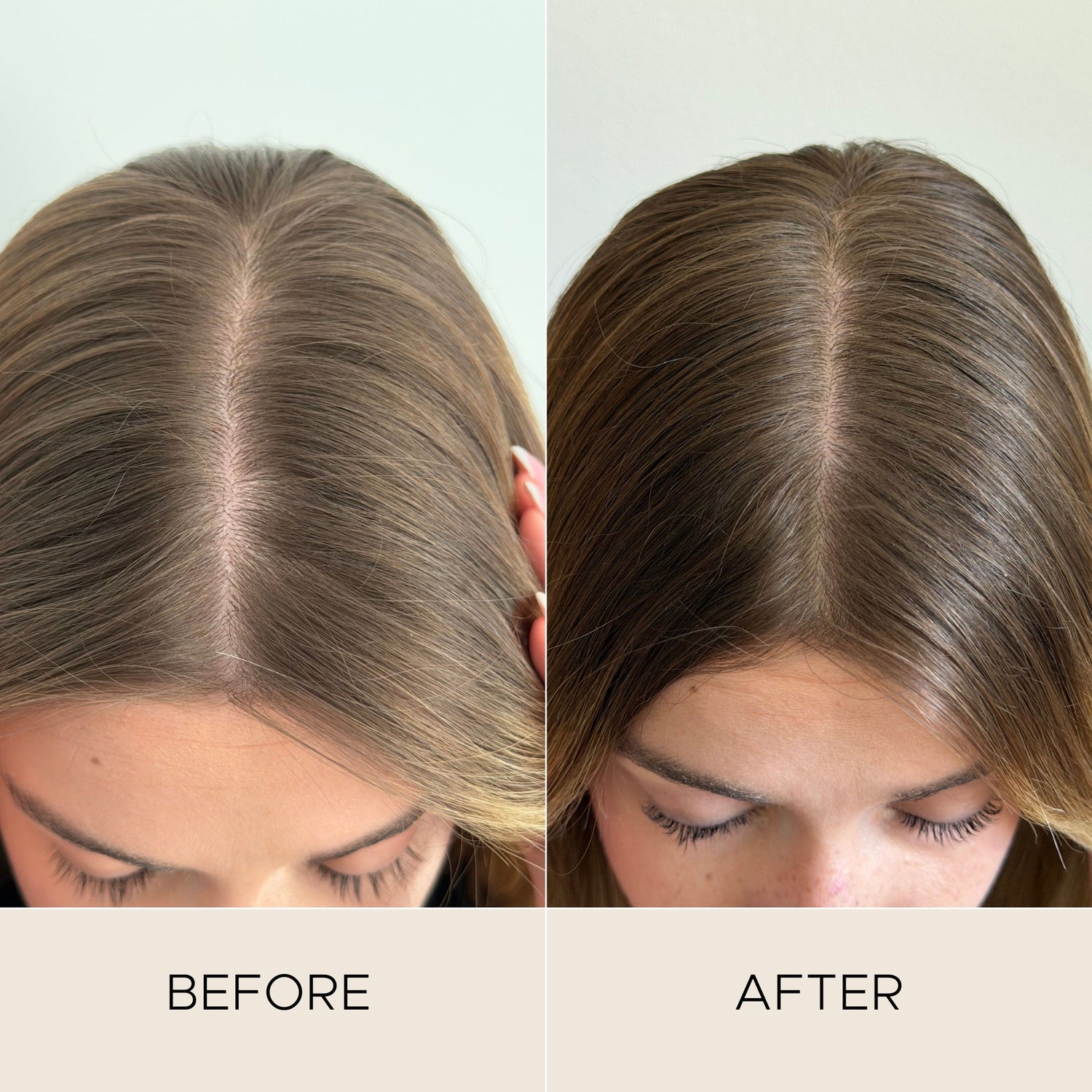 Before and after results of using Christophe Robin Fortifying Scalp Serum with Amaranth Peptides