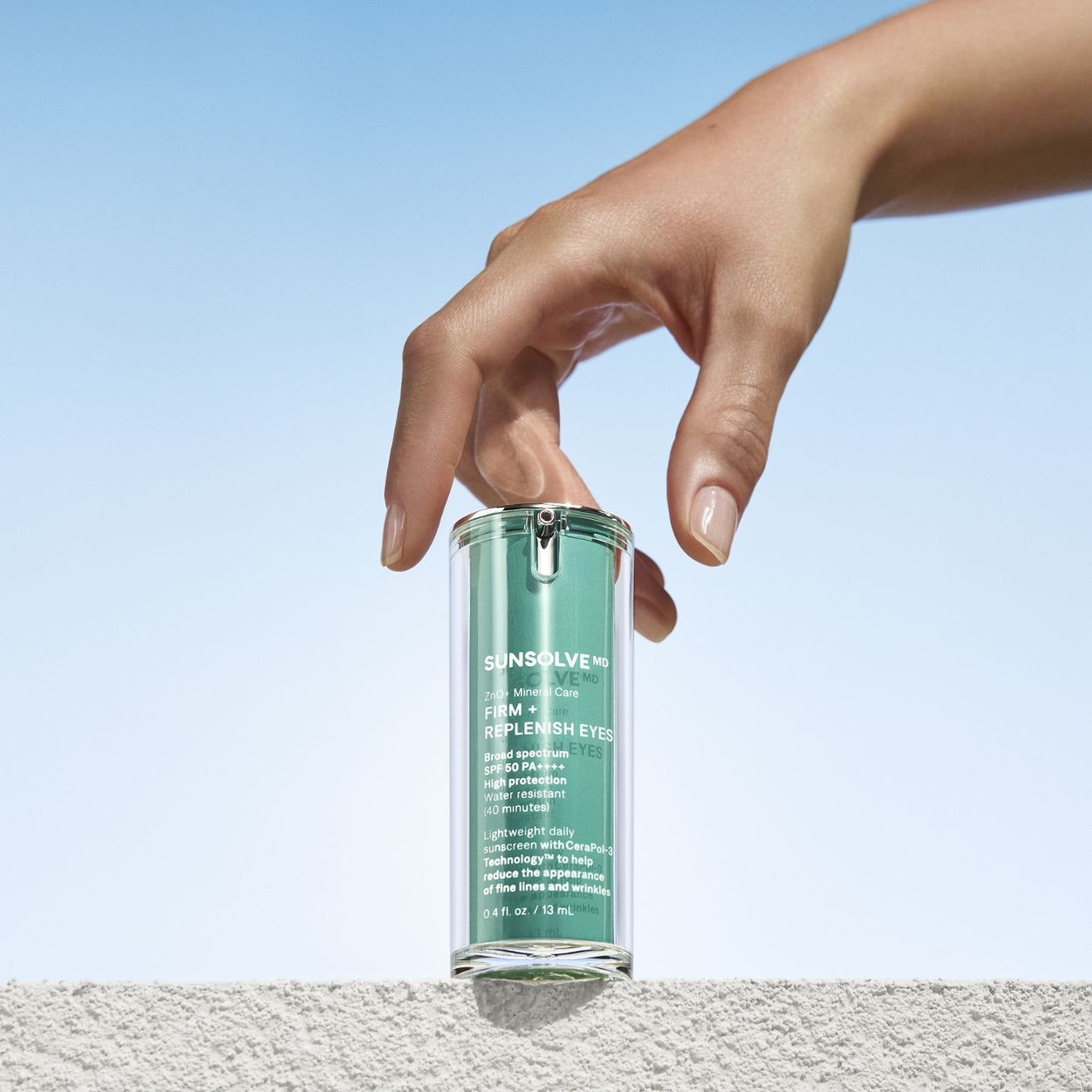 Lifestyle image of SunsolveMD ZnO+ Mineral Care Firm + Replenish Eyes SPF 50