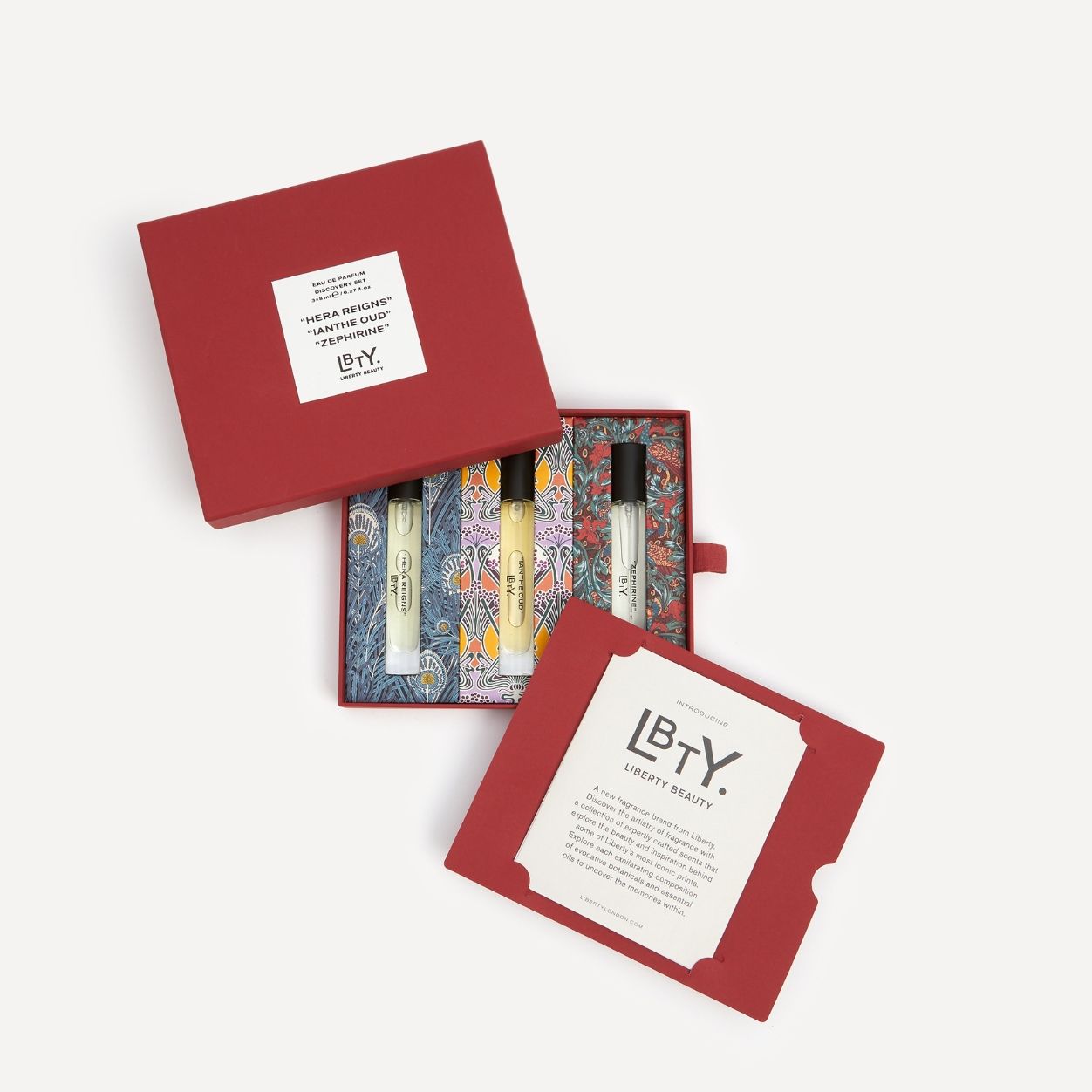 Image of an open Liberty LBTY. Woody Eau De Parfum Discovery Set