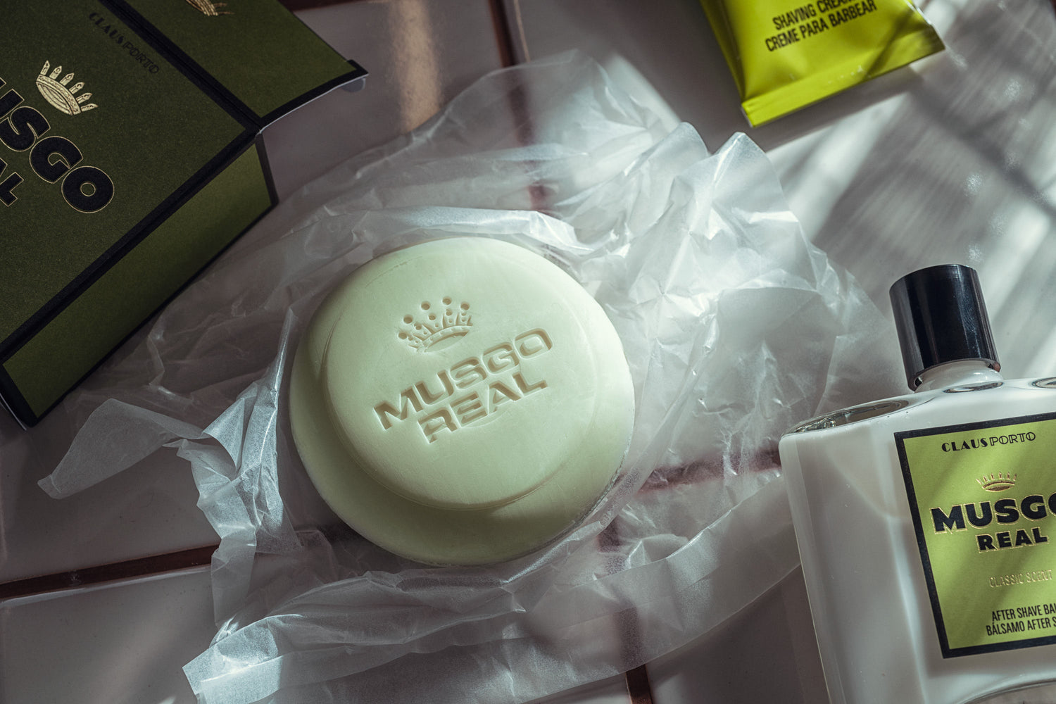 Lifestyle image of Claus Porto Musgo Real Shaving Soap Classic Scent