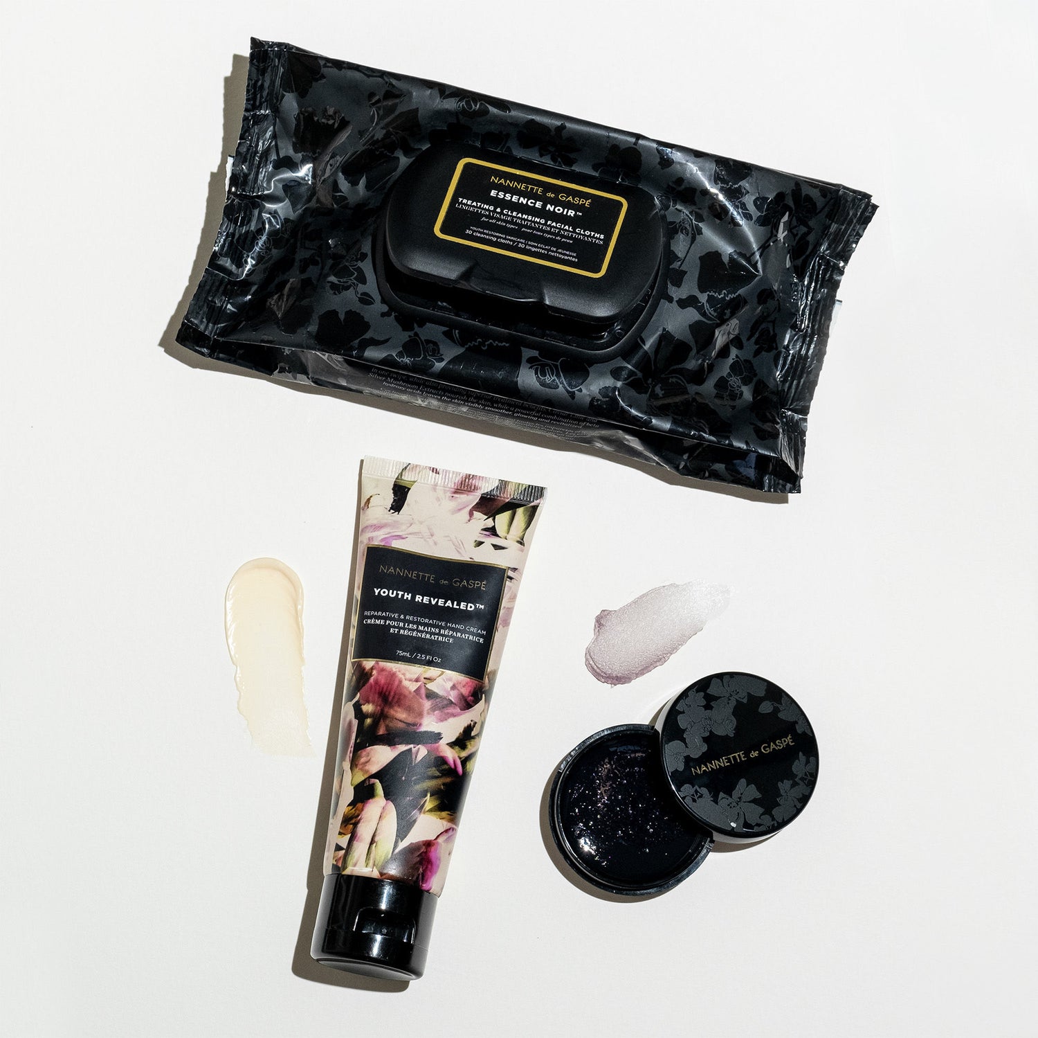 Lifestyle image of Nannette de Gaspé Essence Noir Cleansing and Treating Facial Cloths