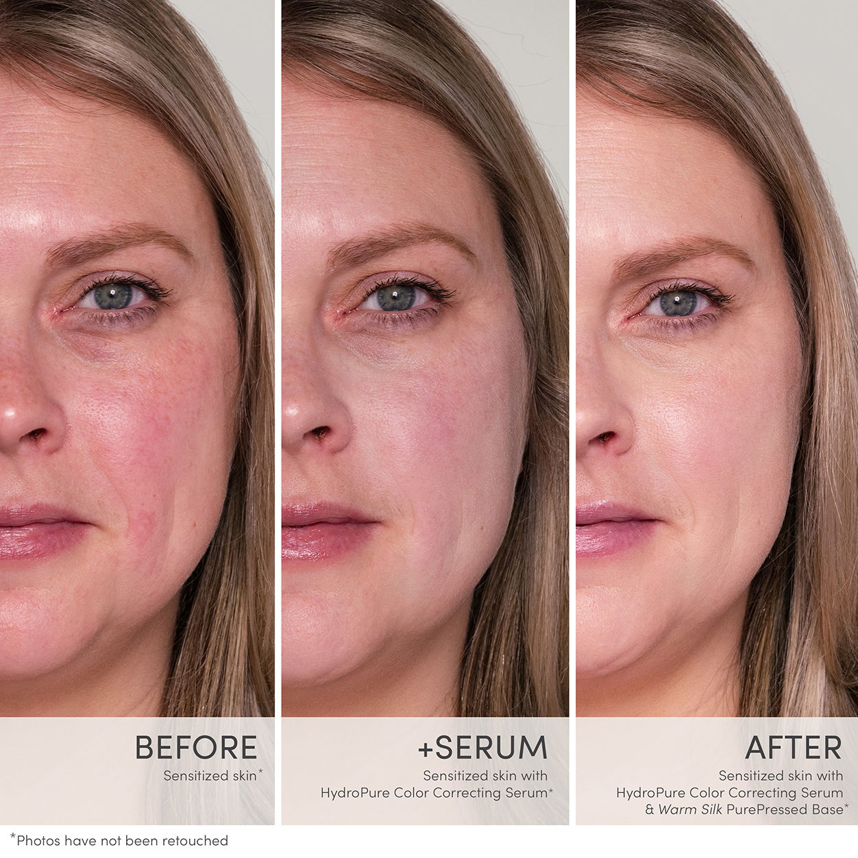 Before and after results of using Jane Iredale HydroPure Color Correcting Serum with Hyaluronic Acid and CoQ10