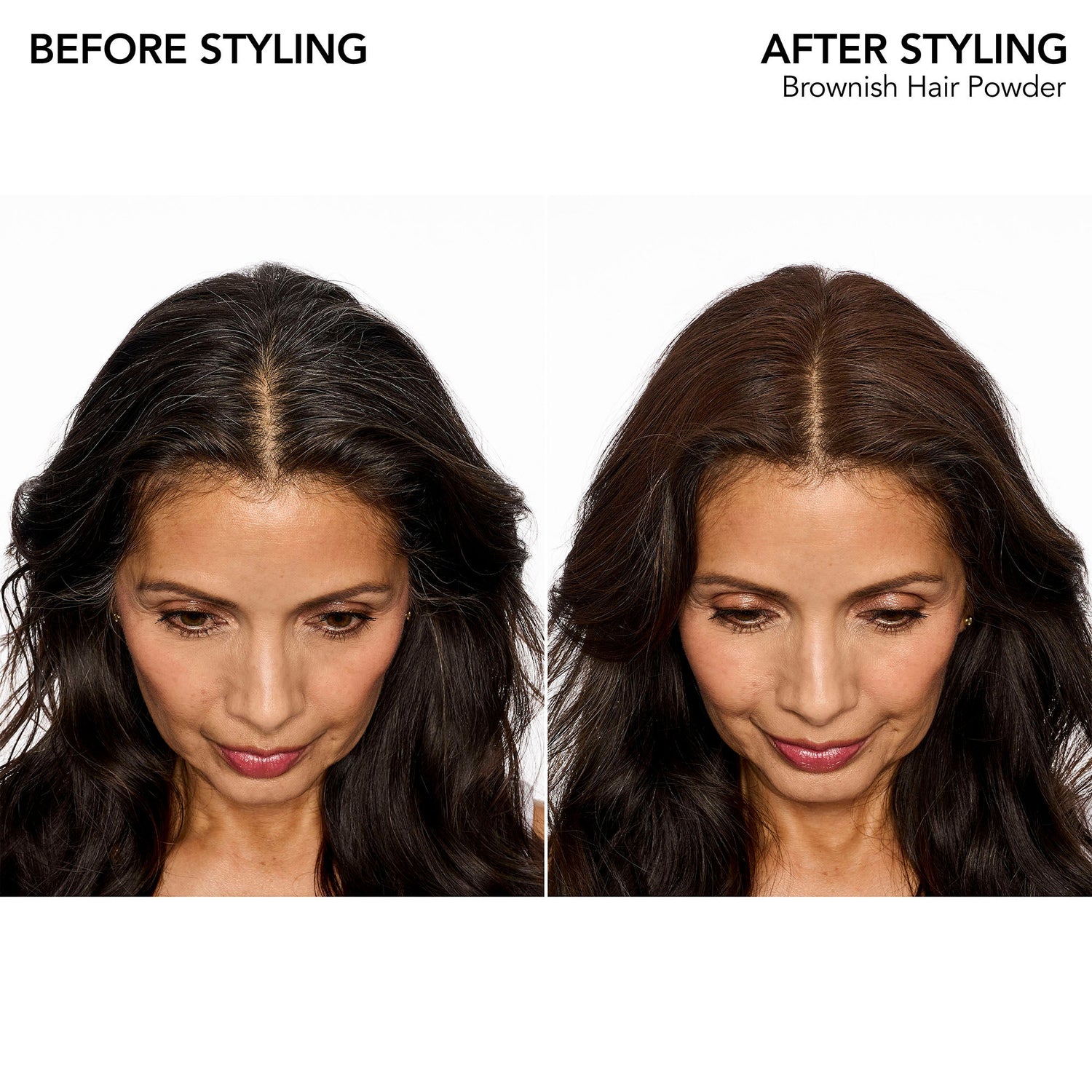 Before and after results of using Bumble and Bumble Brownish Hair Powder