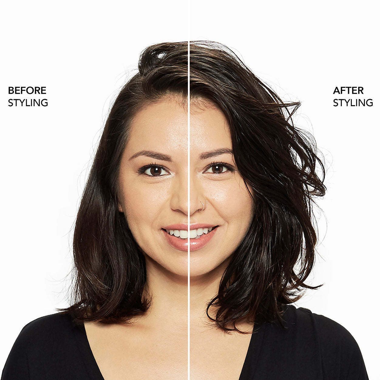 Before and after results of using Bumble and Bumble Sumo Liquid Wax+ Finishing Spray