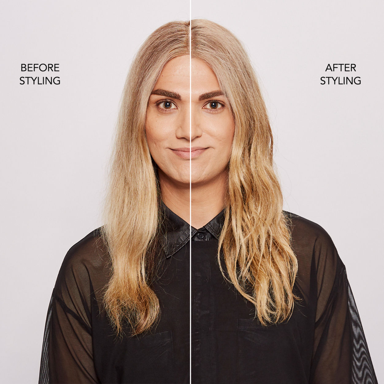 Before and after results of using Bumble and Bumble Sumo Liquid Wax+ Finishing Spray