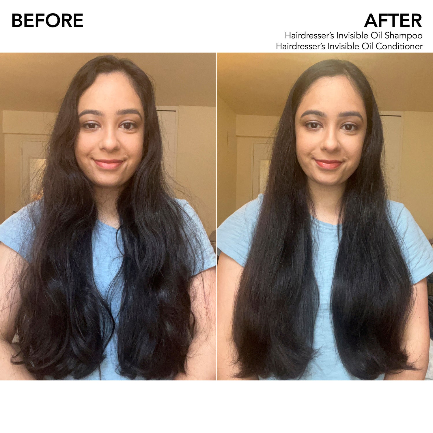 Before and after results of using Bumble and Bumble Travel-Size Hydrating + Frizz Reducing Hair Set