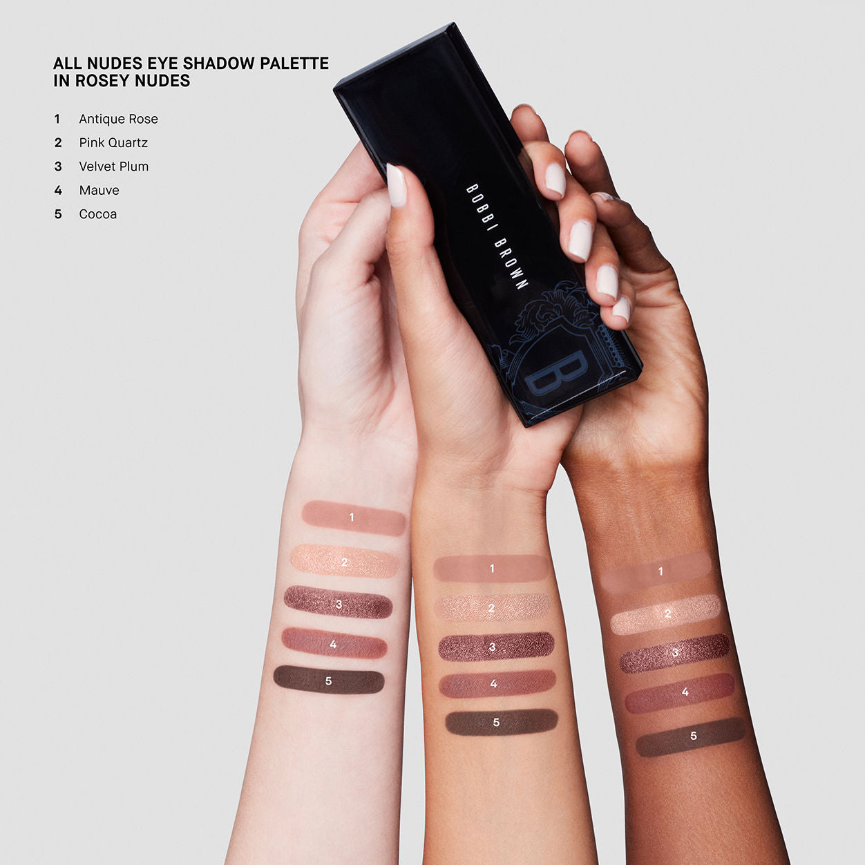An arm swatch of Bobbi Brown Rosey Nudes Eye Shadow Palette