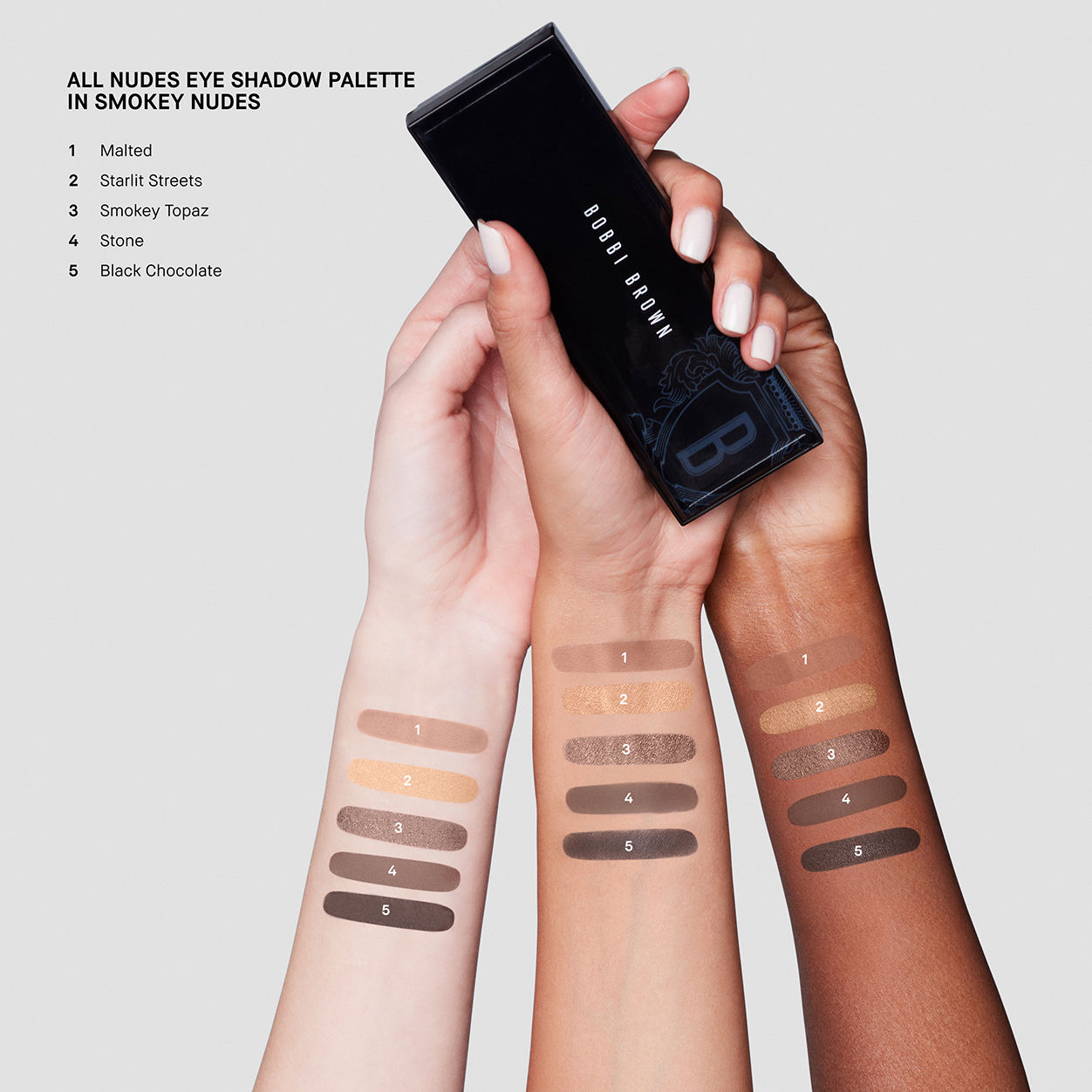 An arm swatch of Bobbi Brown Smokey Nudes Eye Shadow Palette