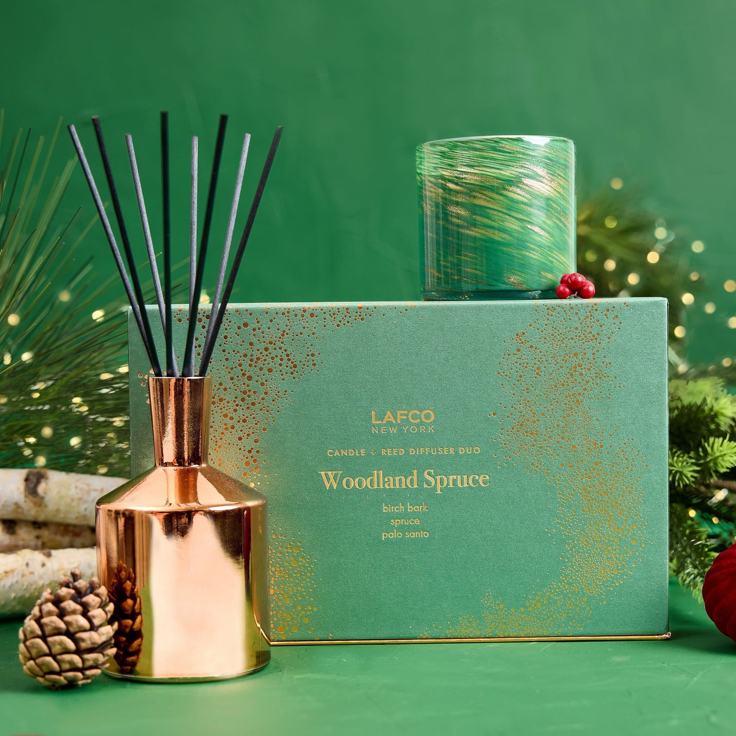 Lifestyle image of Lafco Woodland Spruce Candle and Reed Diffuser Duo (Limited Edition)