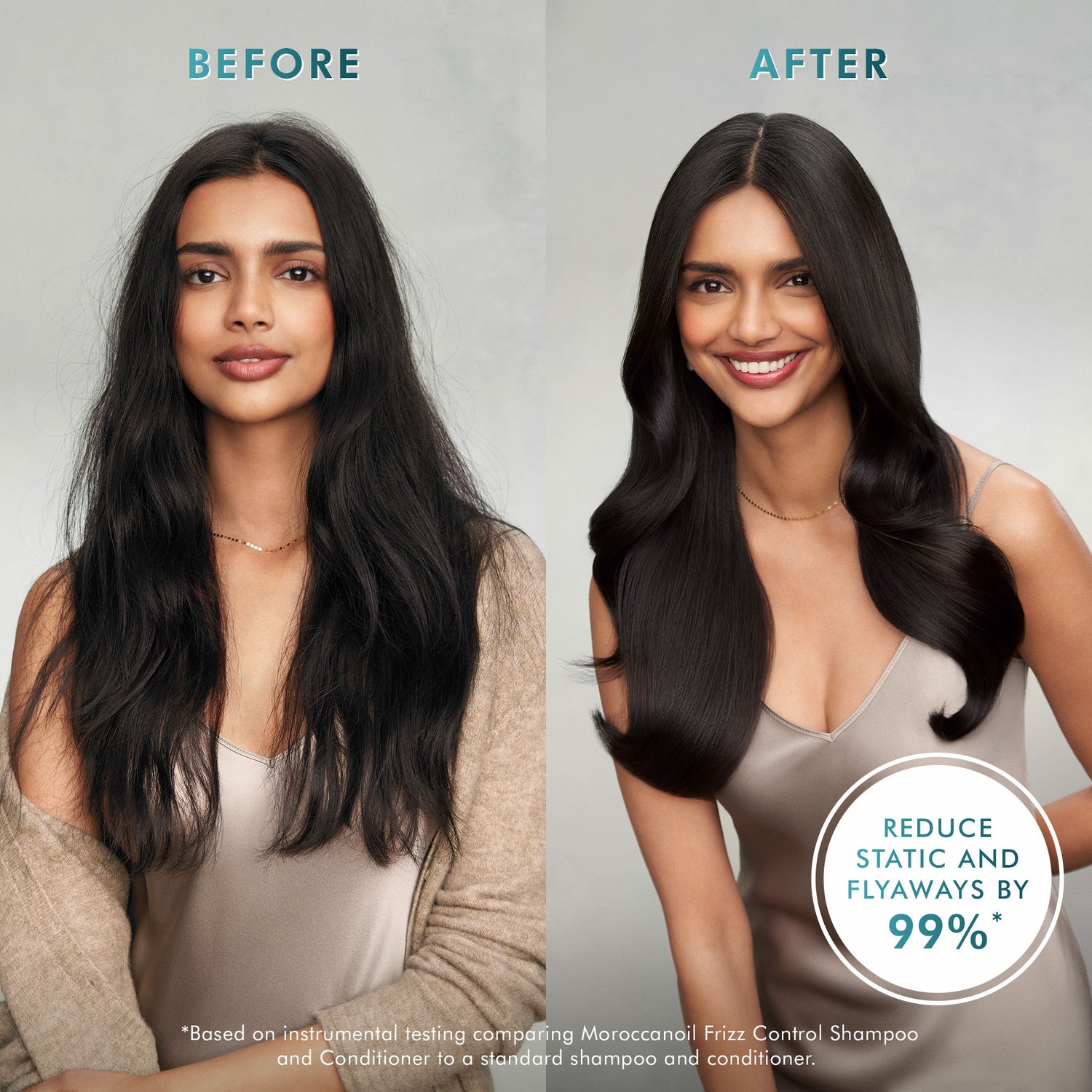Before and after results of using Moroccanoil Frizz Control Conditioner