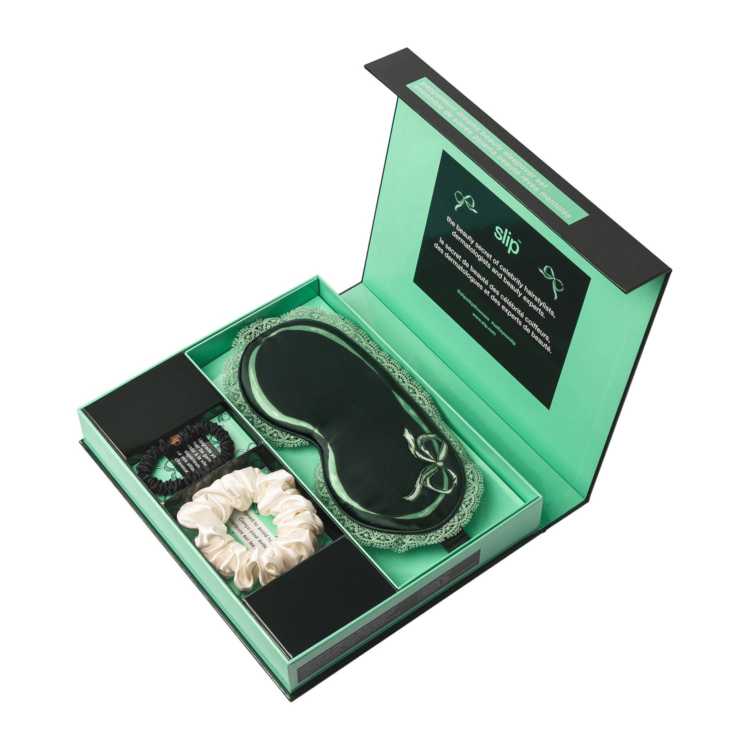 Image of an open Slip Pure Silk Beauty Sleepover Set with Lace Trim (Limited Edition)