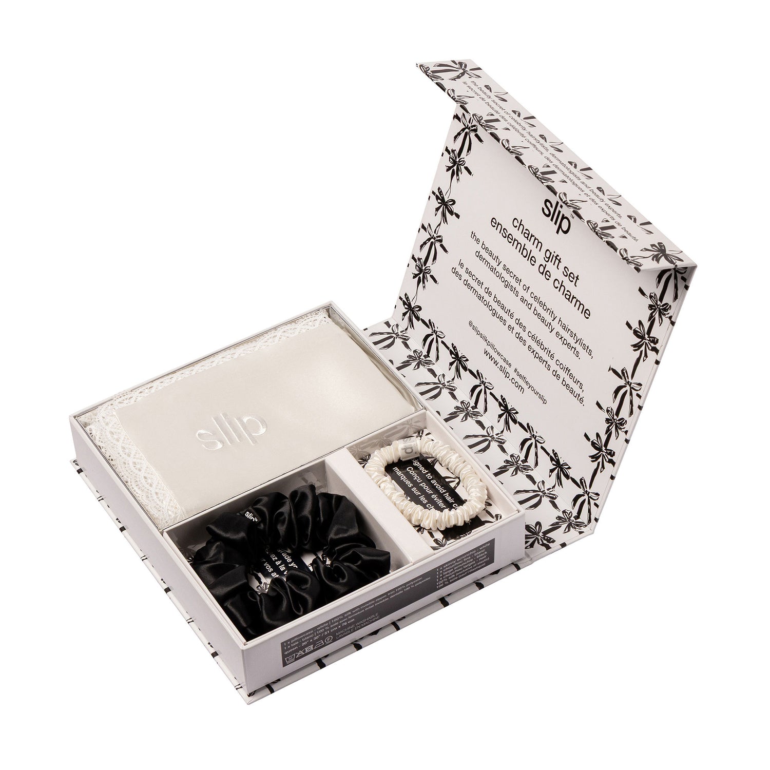 Image of an open Slip Pure Silk Queen Gift Set with Lace Trim (Limited Edition)