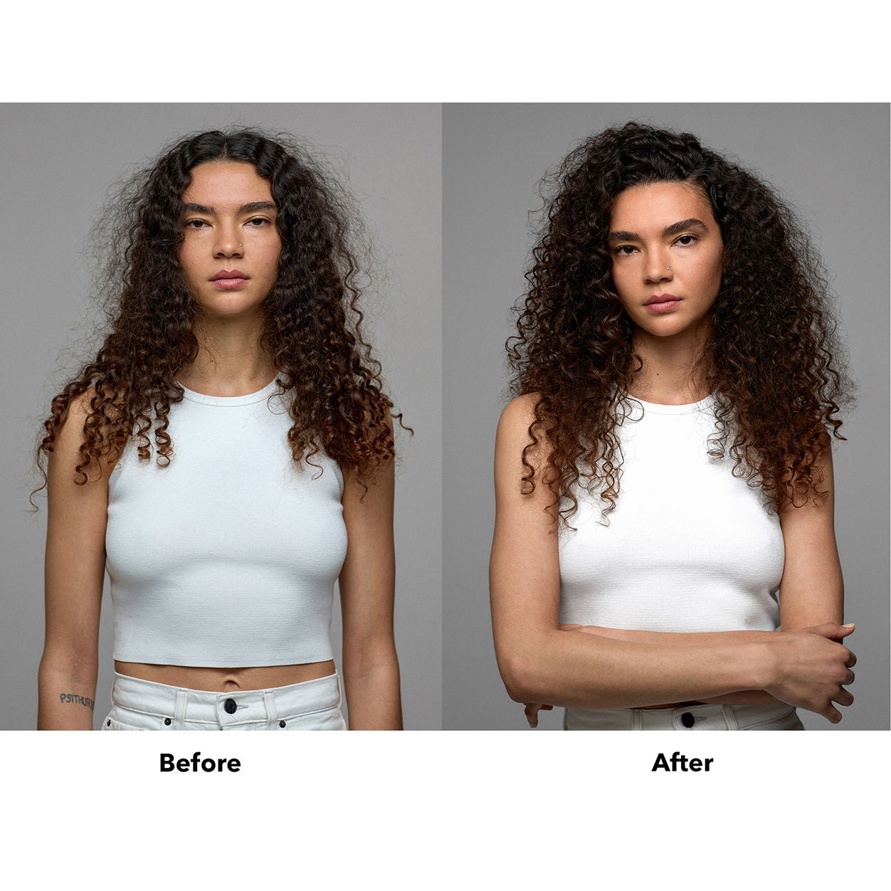 Before and after results of using R+Co Crystal Halo Balancing Scalp Scrub and Shampoo