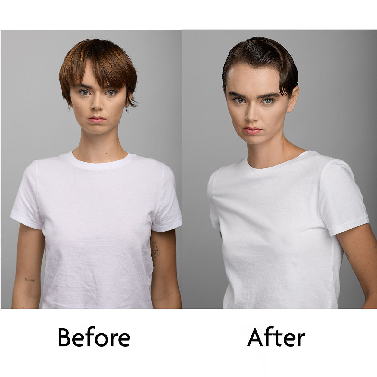 Before and after results of using R+Co Grasp Intense Hold Shaping Balm