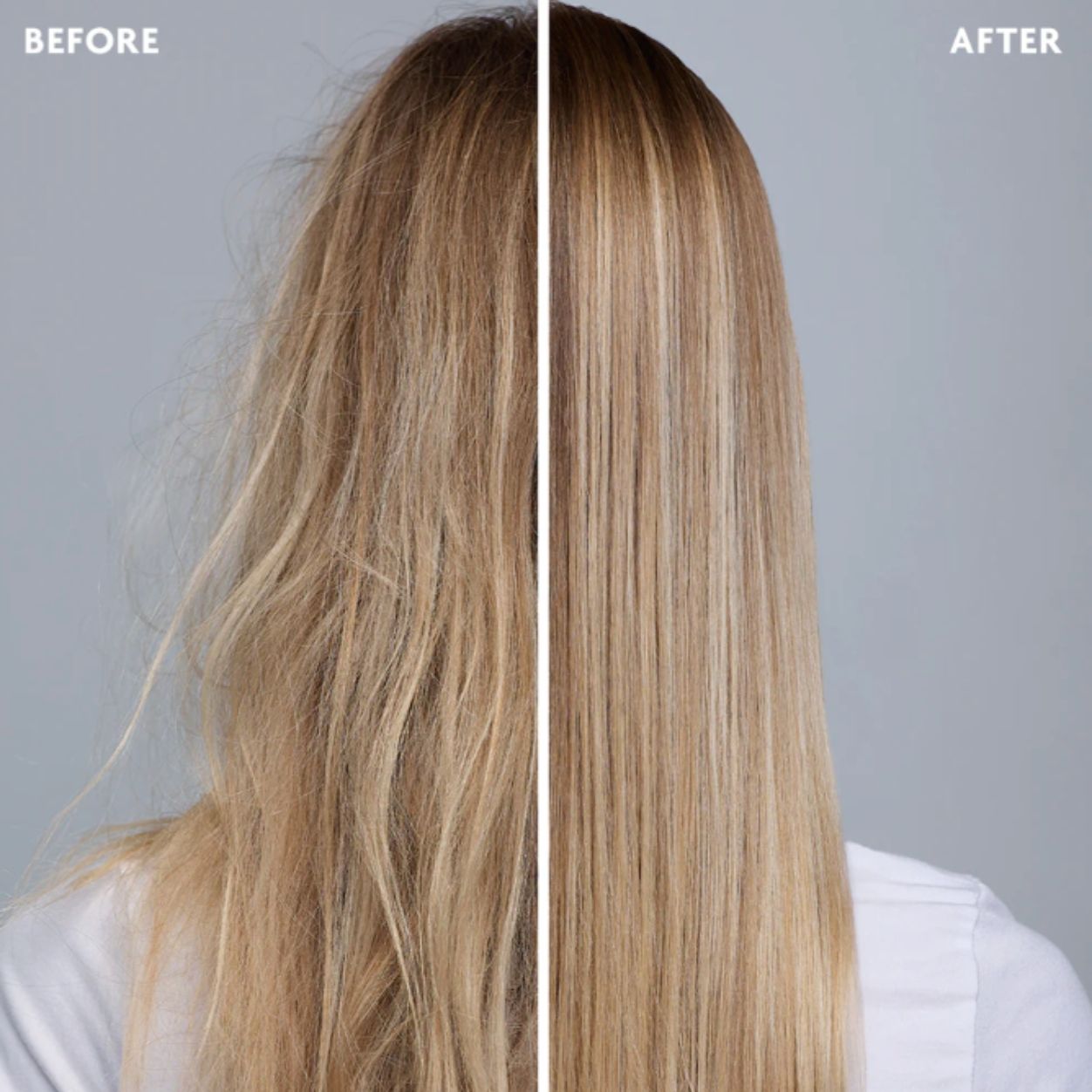 Before and after results of using R+Co Candy Stripe Protect and Prep Detangling Spray