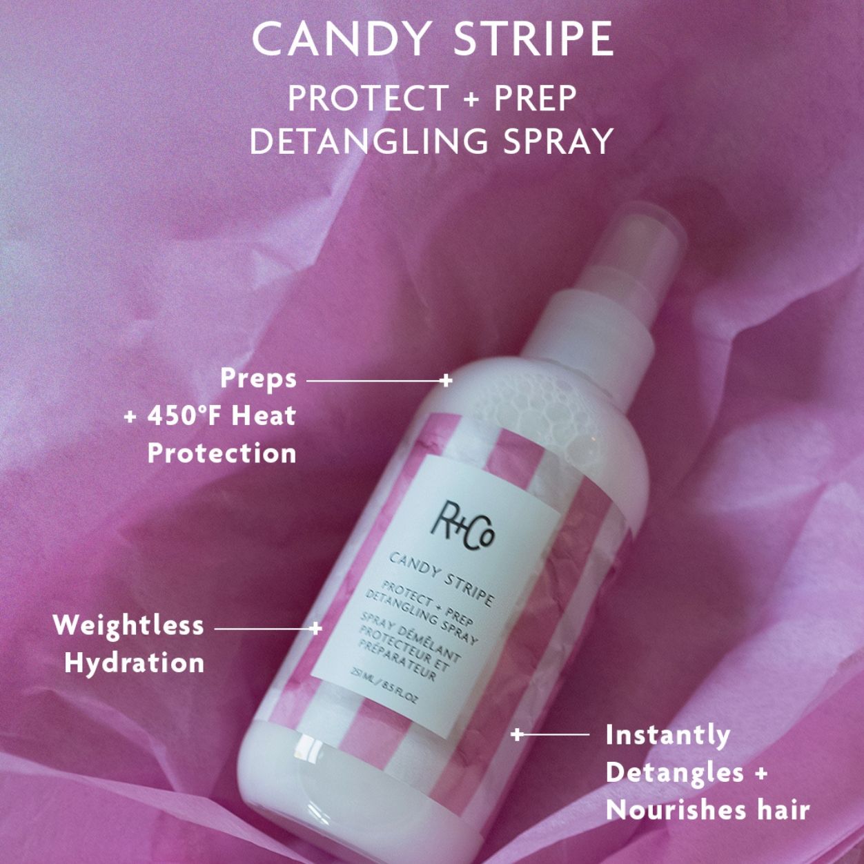 Information related to R+Co Candy Stripe Protect and Prep Detangling Spray