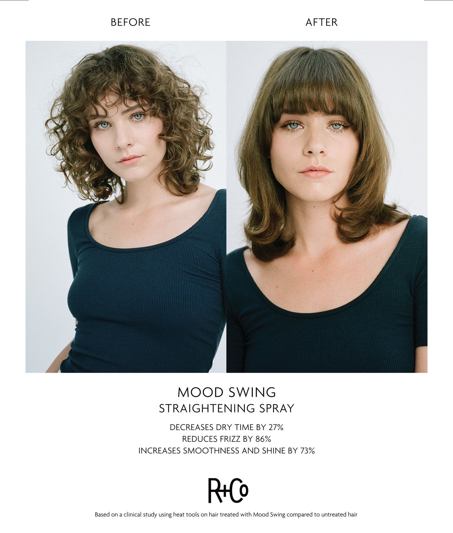 Before and after results of using R+Co Mood Swing Straightening Spray